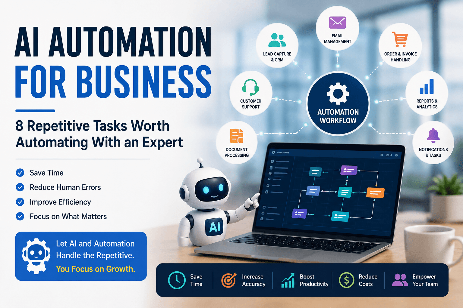 AI automation workflow connecting lead capture, email, orders, customer support, documents, reports, and task notifications