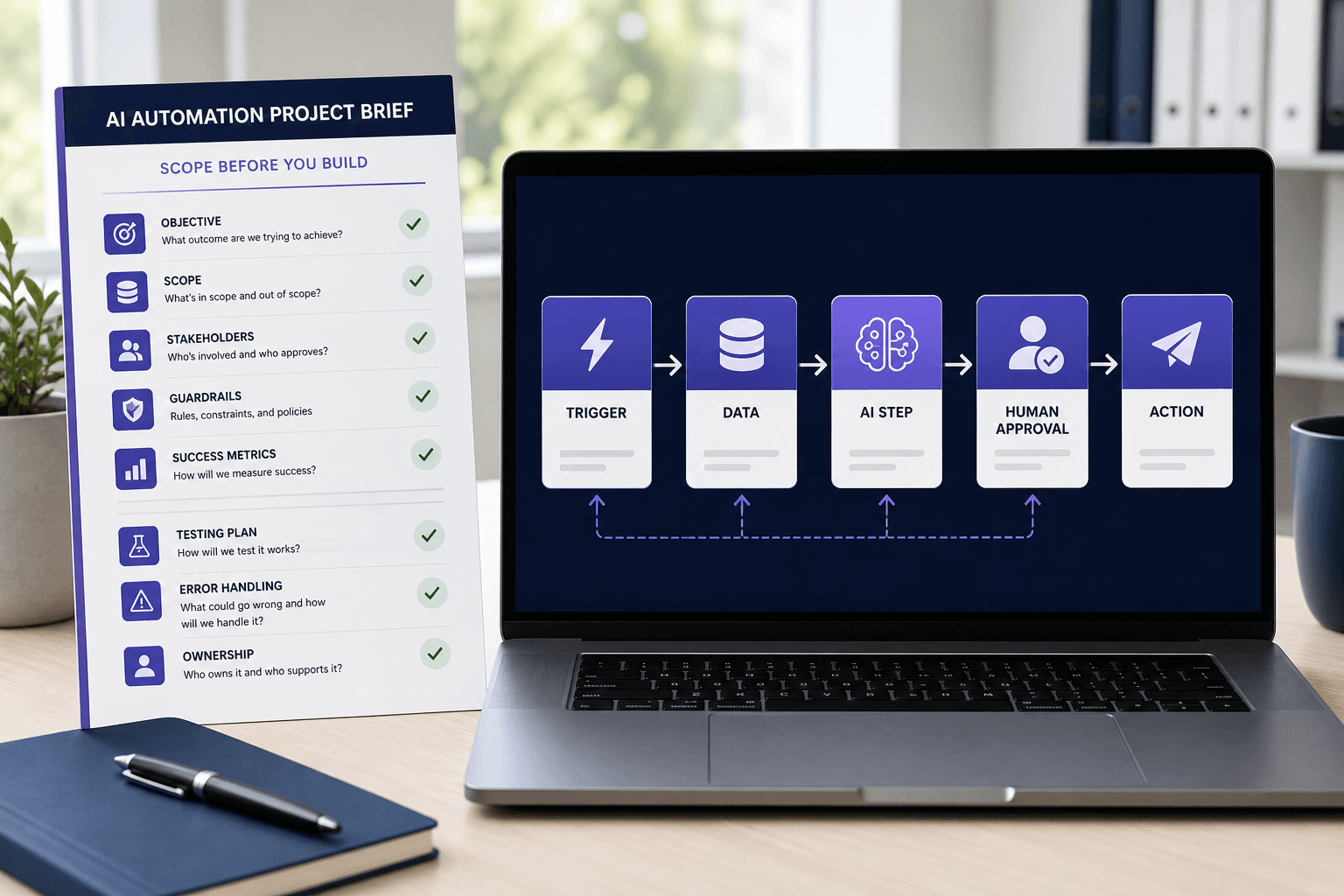 AI automation project brief checklist beside a workflow showing trigger, data, AI processing, human approval, and action