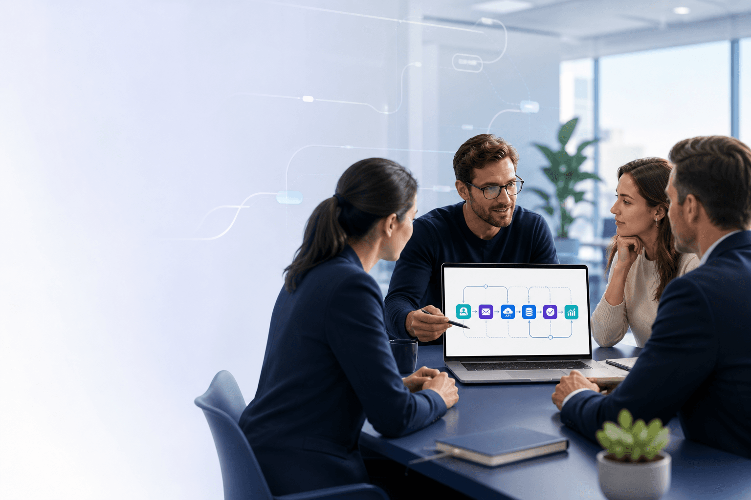 Business team reviewing an AI automation workflow with CRM, email, API, database, approval, and analytics steps