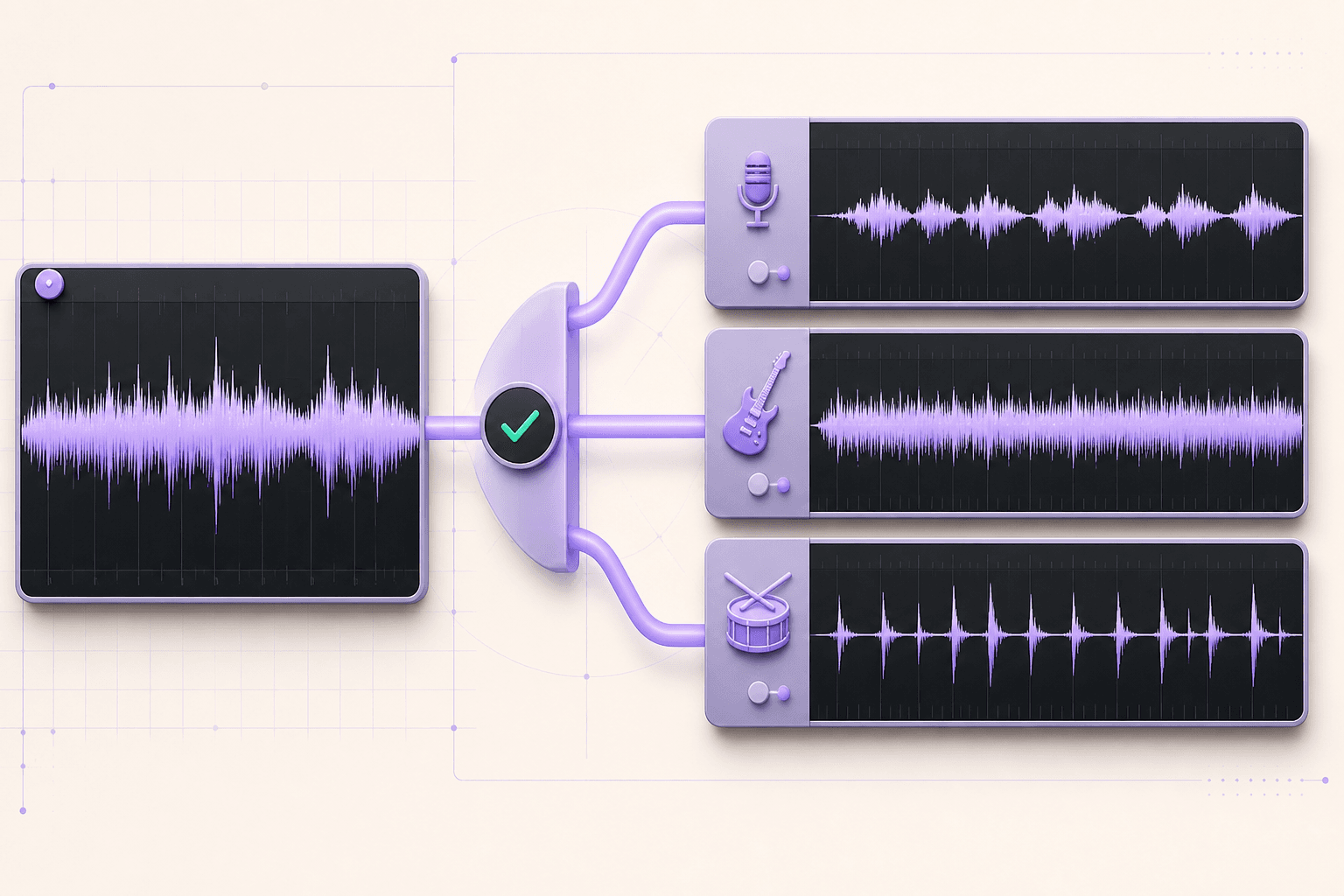 AI workflow separating one song waveform into vocal, instrumental, and drum stems