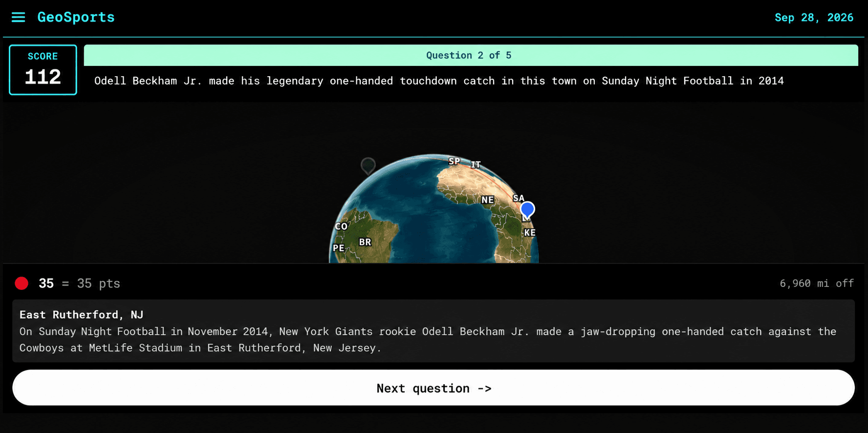 GeoSports game screen showing a sports-geography question, map guess, score feedback, and next-question control.