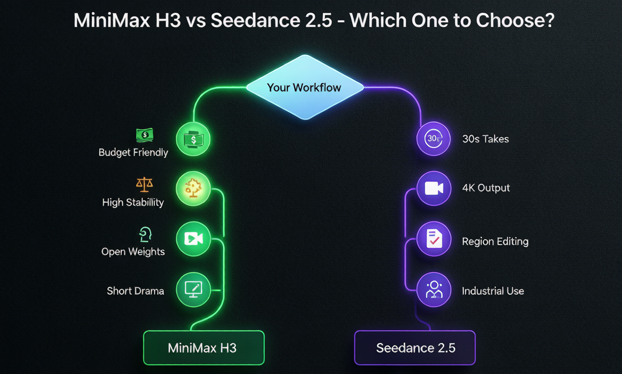 Decision flow: choosing between MiniMax H3 and Seedance 2.5 based on workflow needs