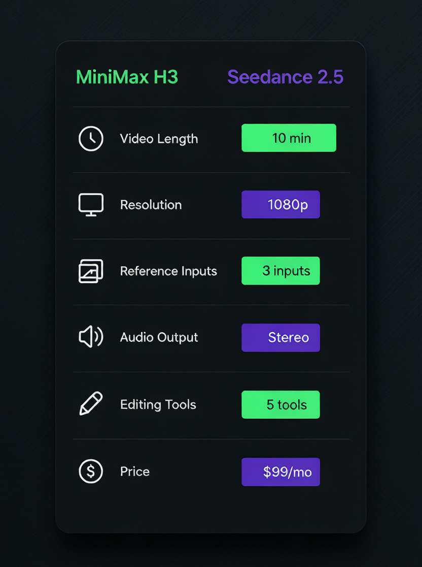 MiniMax H3 vs Seedance 2.5 feature comparison infographic